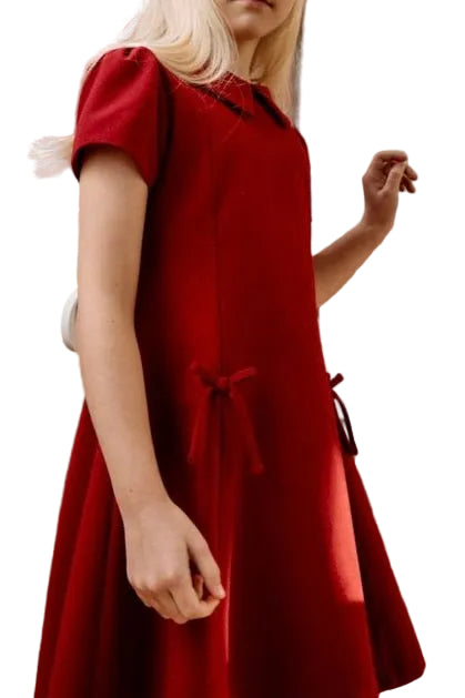 Red Solid Collard Dress with Bows