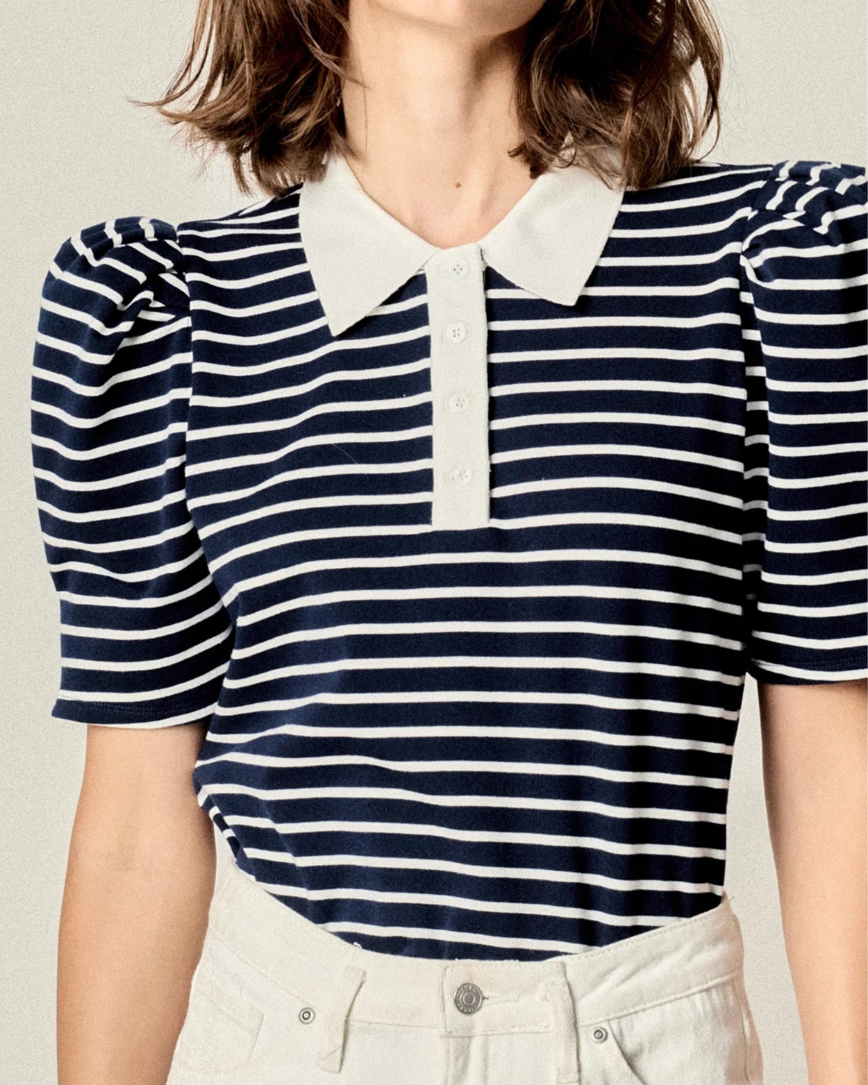 Navy Stripe Polo Puff Sleeve