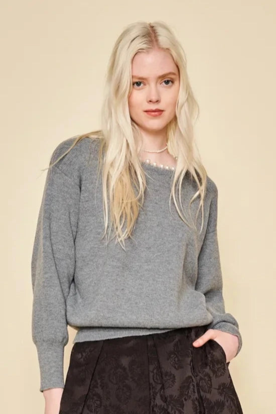 London Grey Sweater with Pearl Neckline