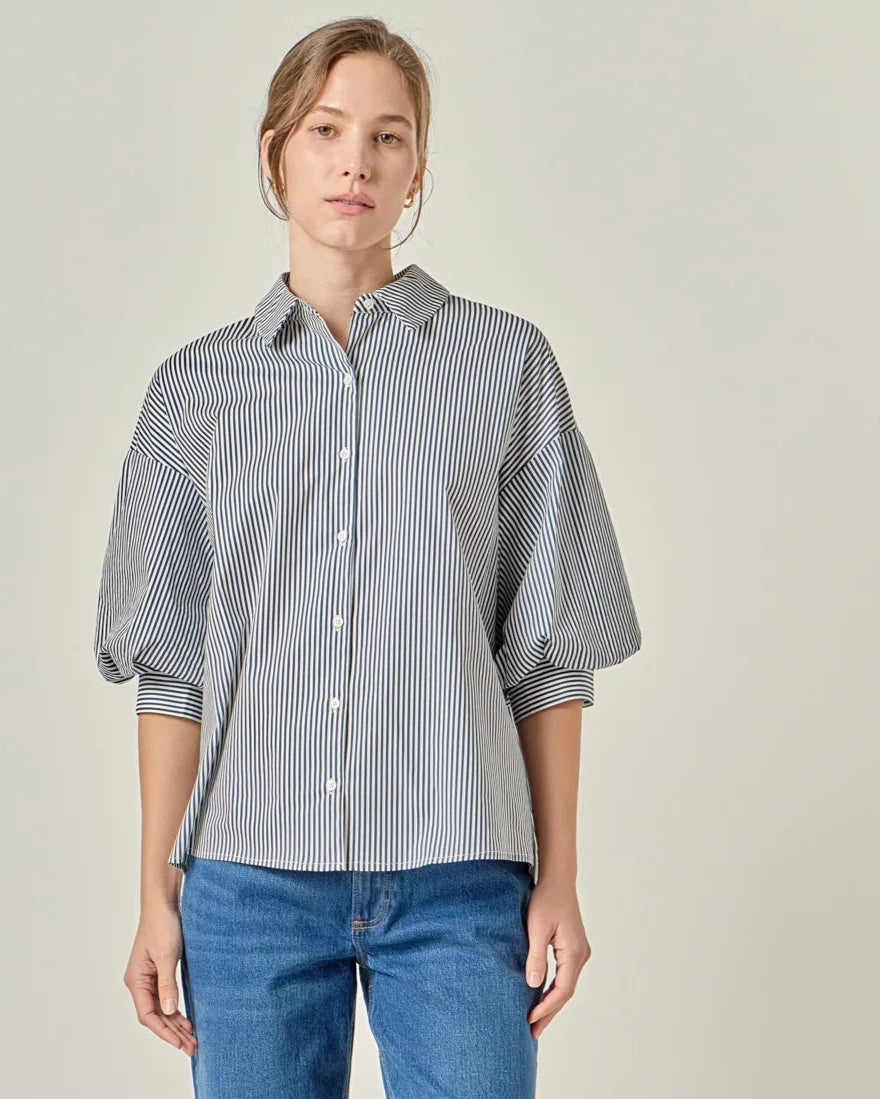 Navy Stripe Shirt Latern Sleeve