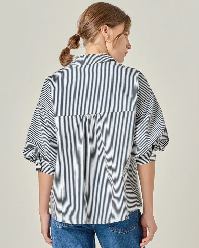 Navy Stripe Shirt Latern Sleeve