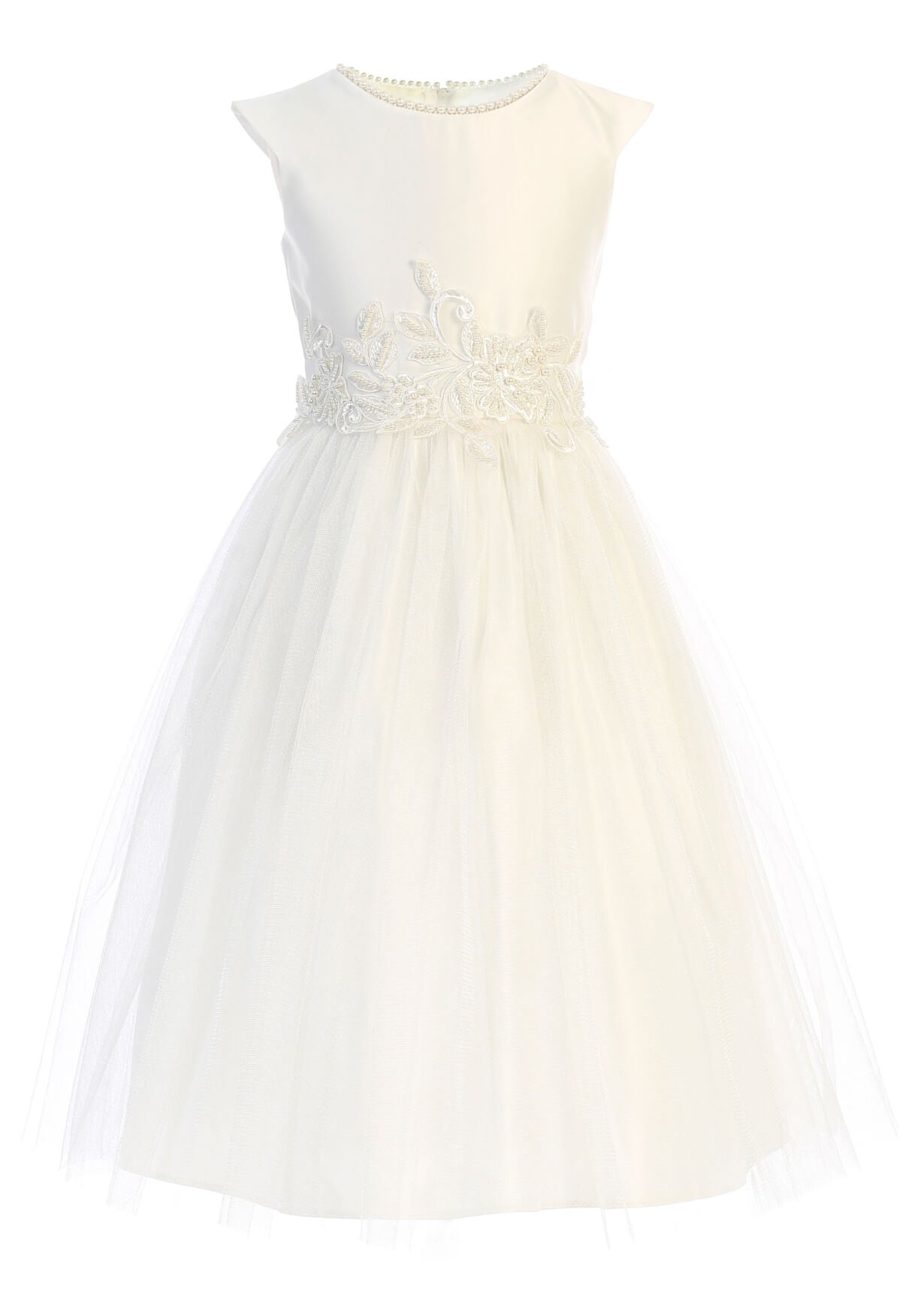 White Satin & Tulle Dress Pearl Embroidered Waist