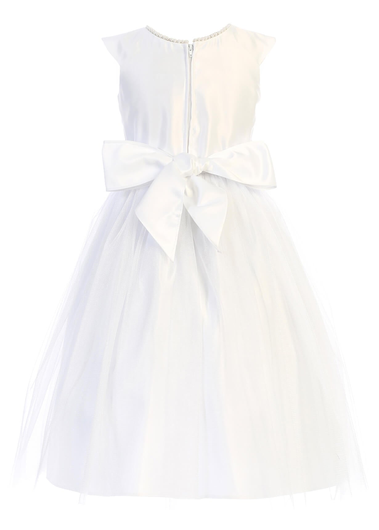 White Satin & Tulle Dress Pearl Embroidered Waist