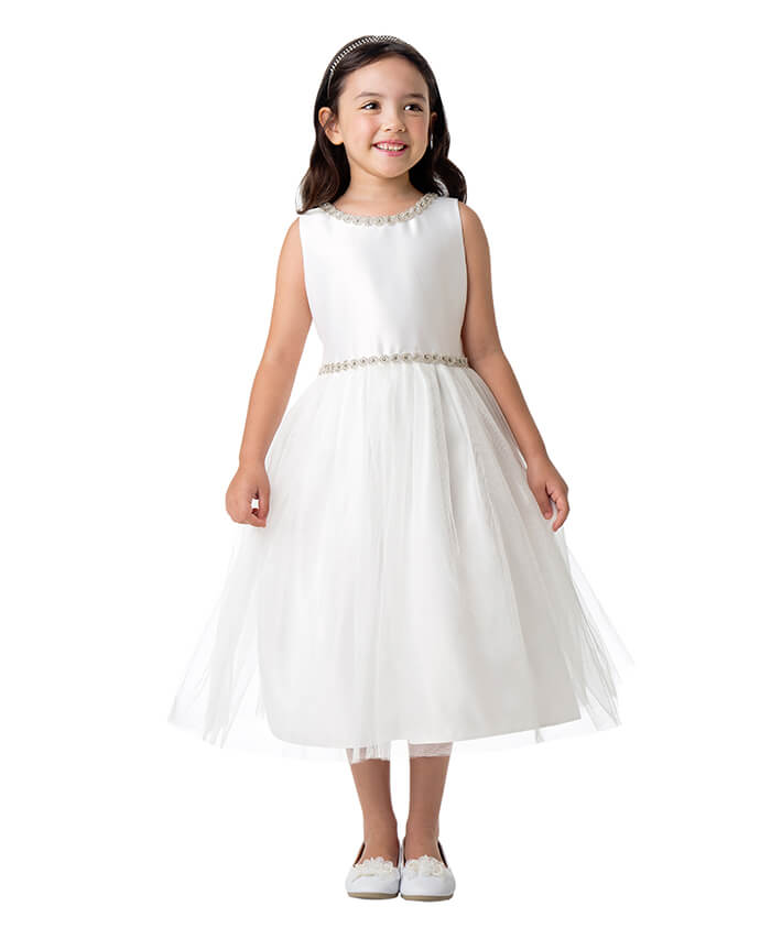 White Jeweled Neck & Waist Satin and Tulle  Dress