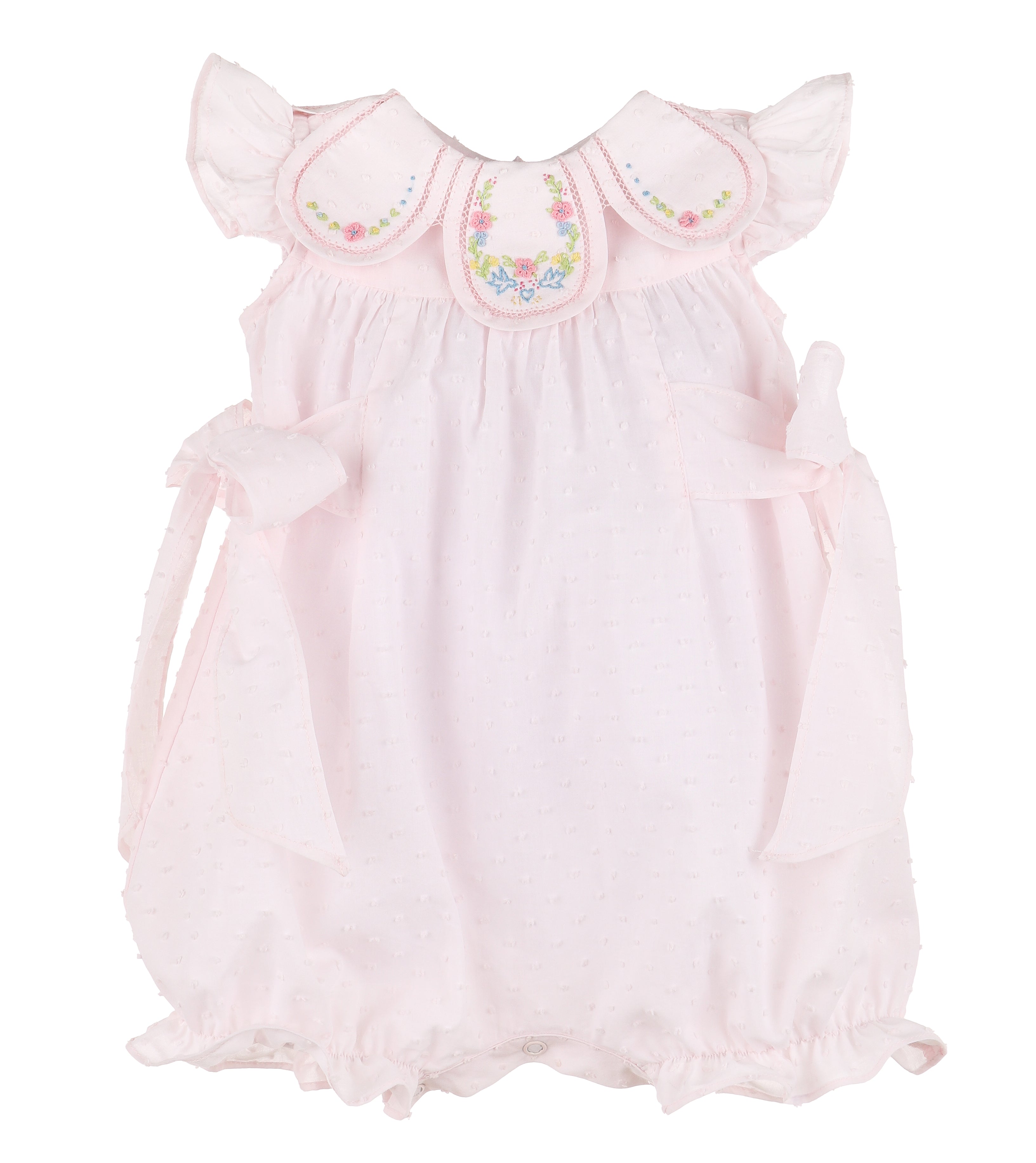 Pink Dotted Swiss Romper Embroidered Petal Collar