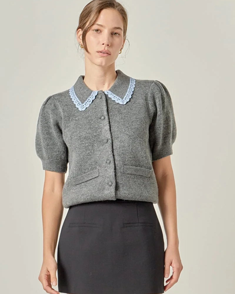 Grey Cardigan with Blue Lace Trim