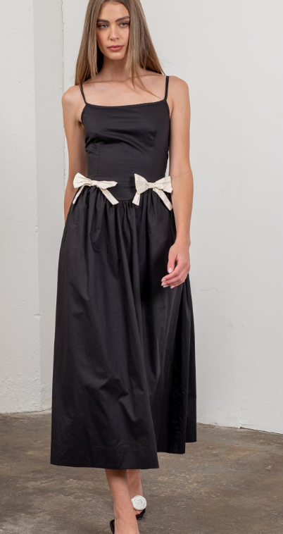 Black Cotton Sundress Ivory Bows at Waist