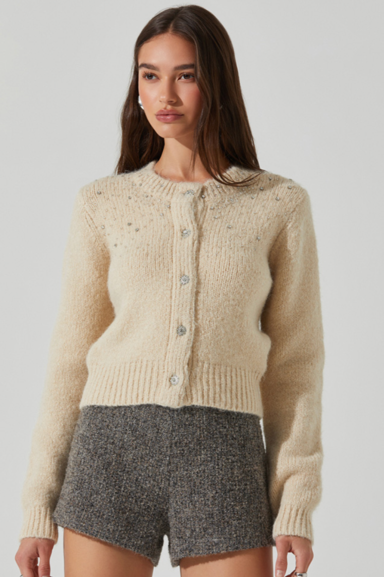 Sigourny Ivory Cardigan with Rhinestones