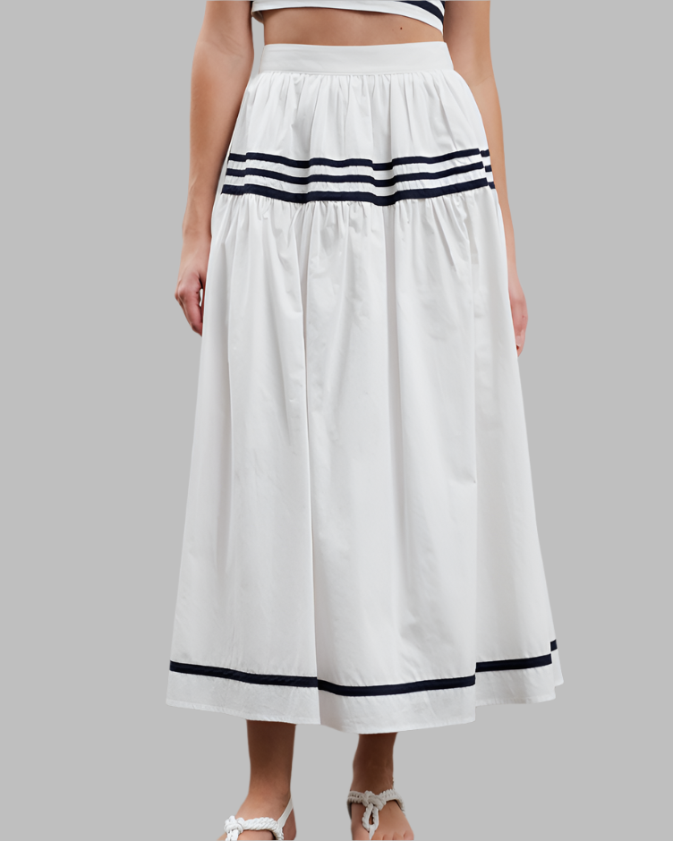 Marina White Skirt with Navy Stripe Waist