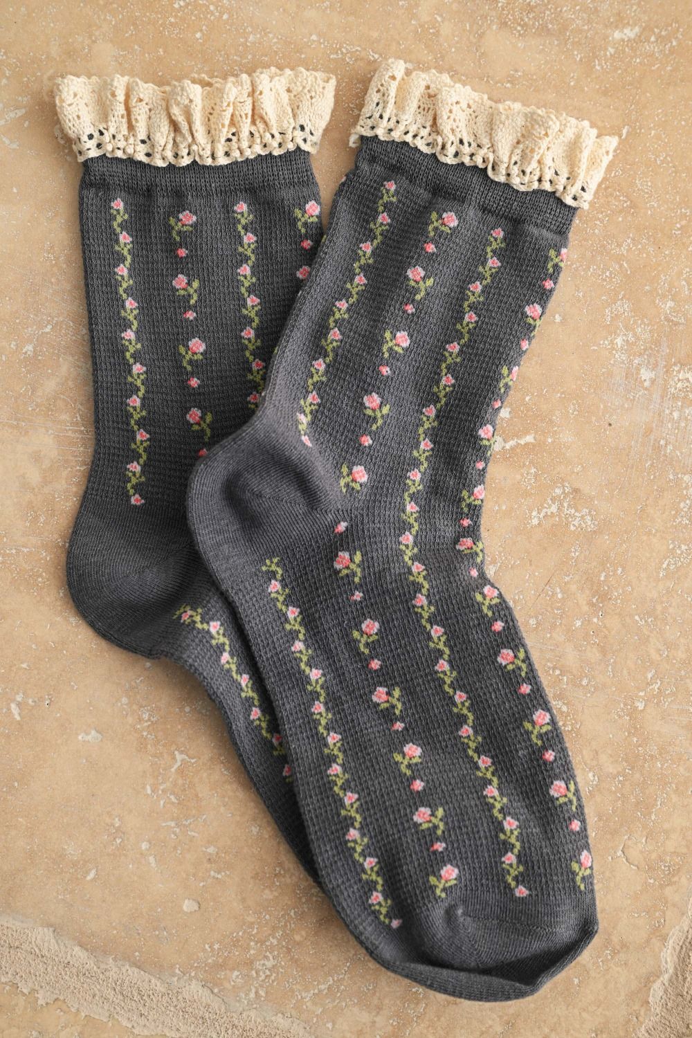 Floral Womens Socks with Crochet Trim