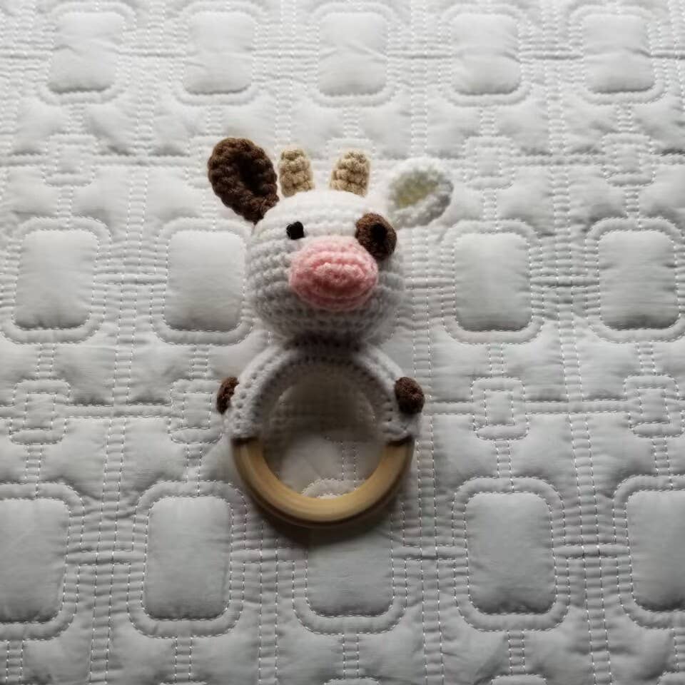 Knitted White Cow Hand Crochet Rattle