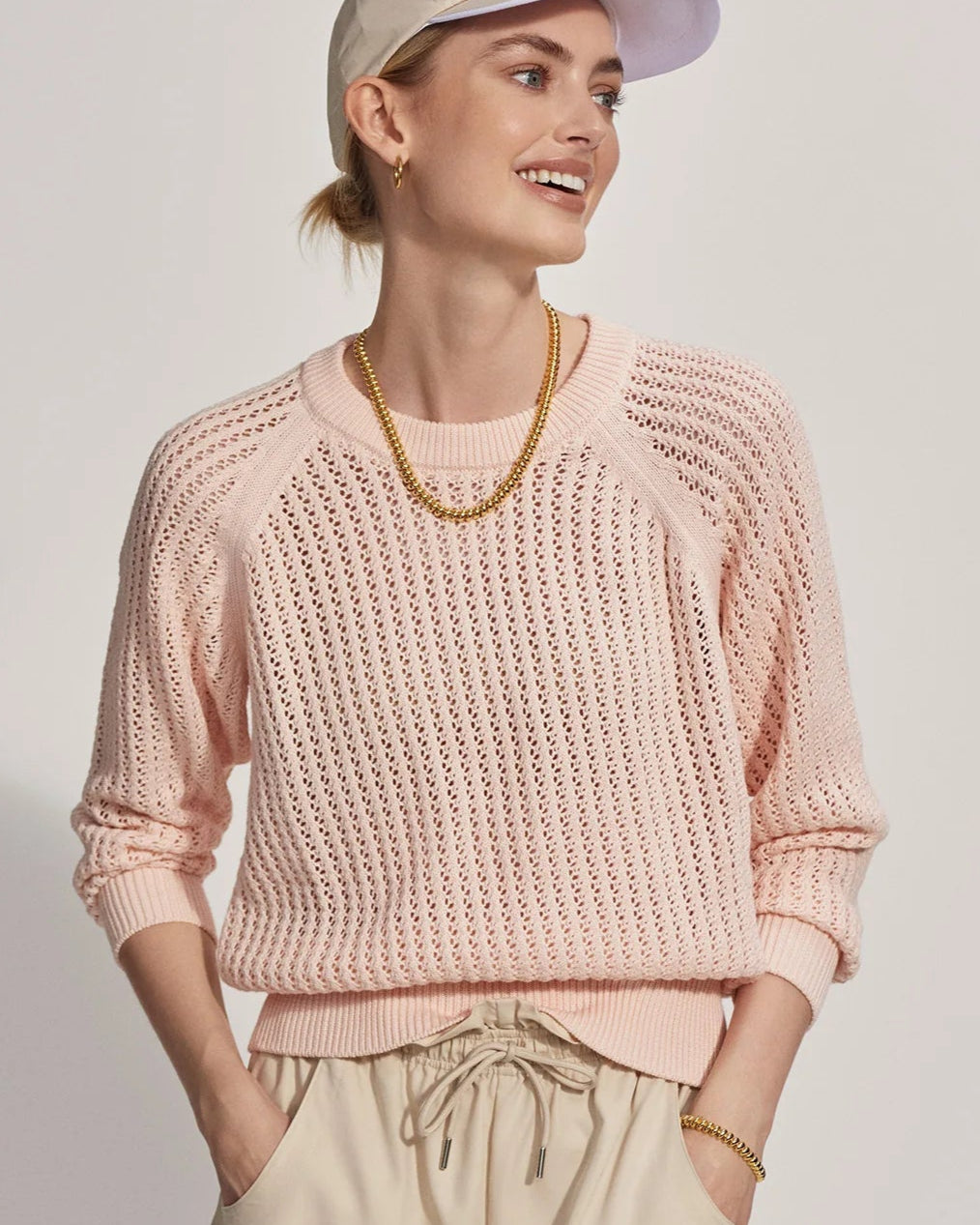 Varley Pink Pointele Crew Sweater
