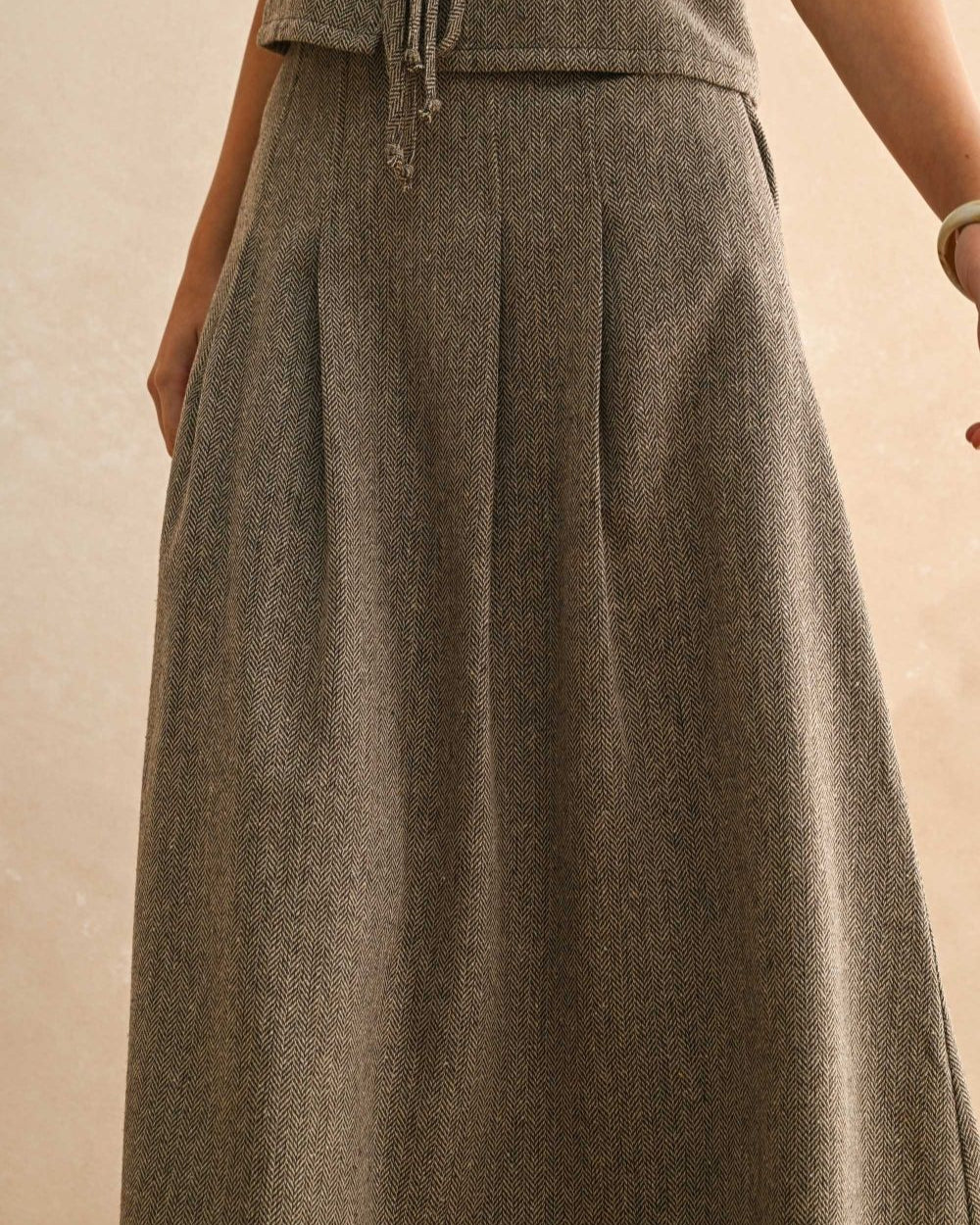 Brown Herringbone Pleat Waist Skirt