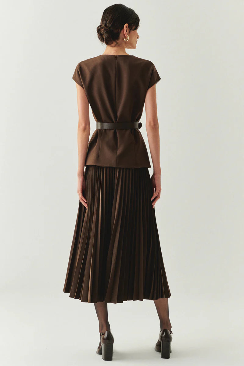 Jolie Brown Waistcoat with Pleated Skirt Dress