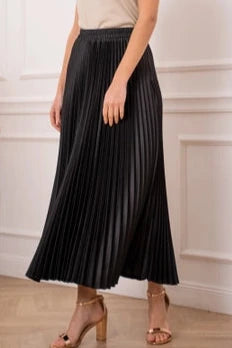 Delphine Black Satin Pleated Skirt