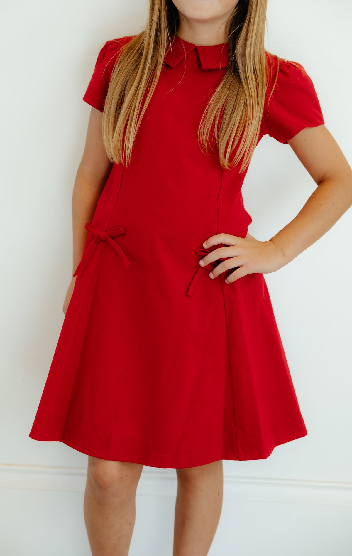 Red Solid Collared Dress with Bows