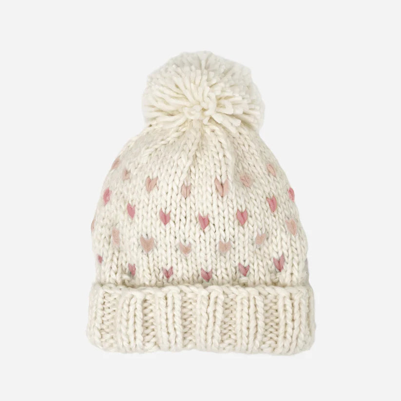 Cream with Pink Hearts Pom Hat