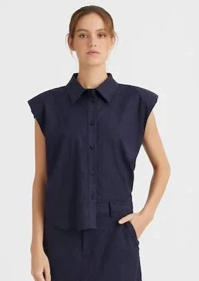 Liza Navy Linen Cap Sleeve Shirt