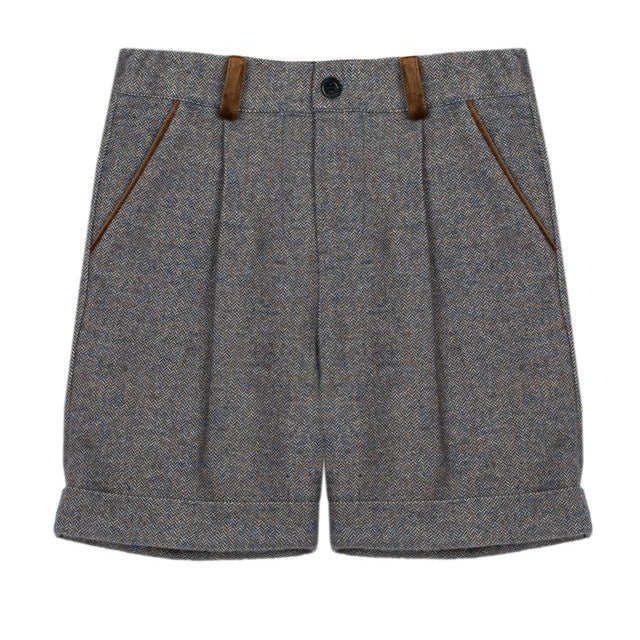 Grey Blue Herringbone Short Brown Trim