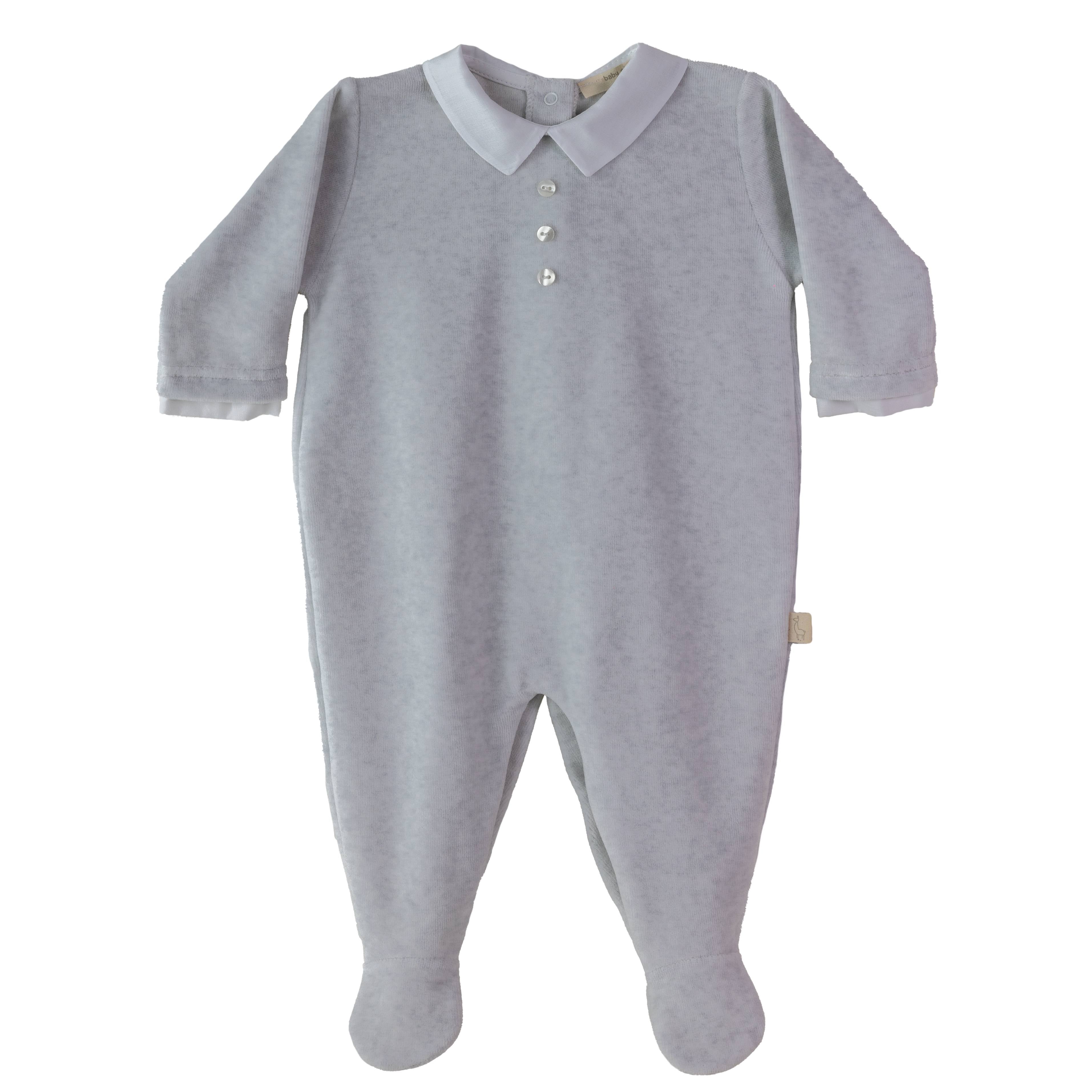 Grey Velour Footie White Collar