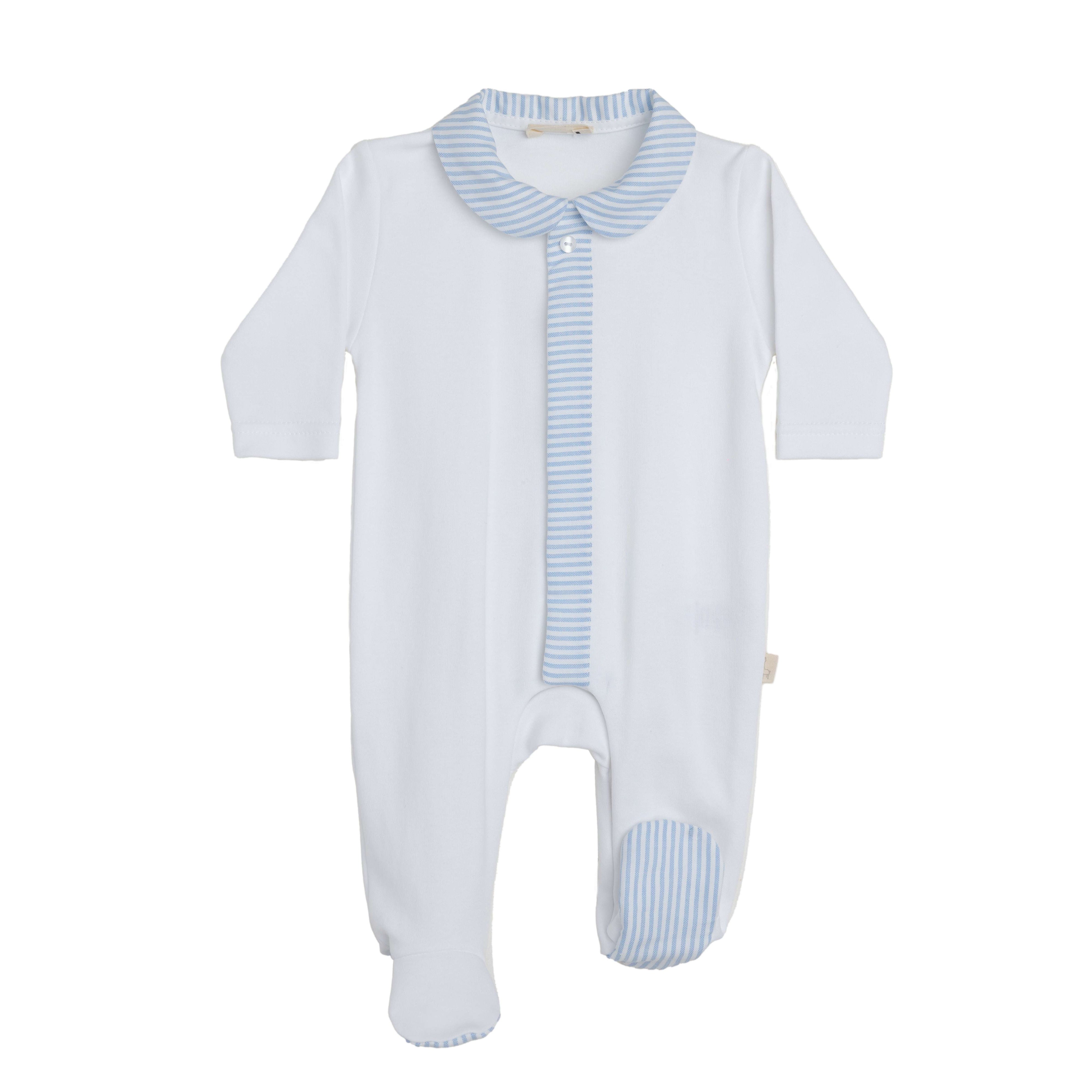 White Footie Blue Stripe Woven Collar