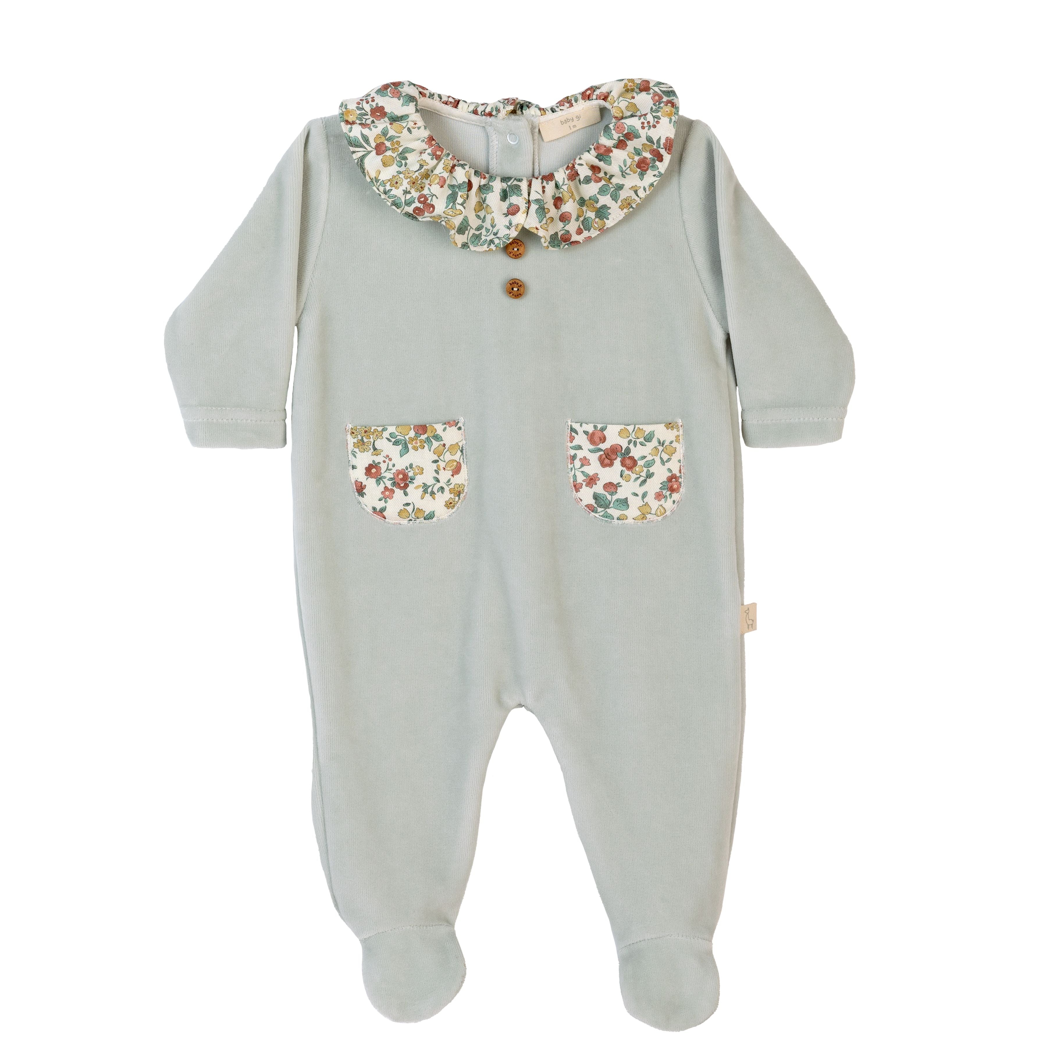 Mint Velour Footie Fall Floral Collar
