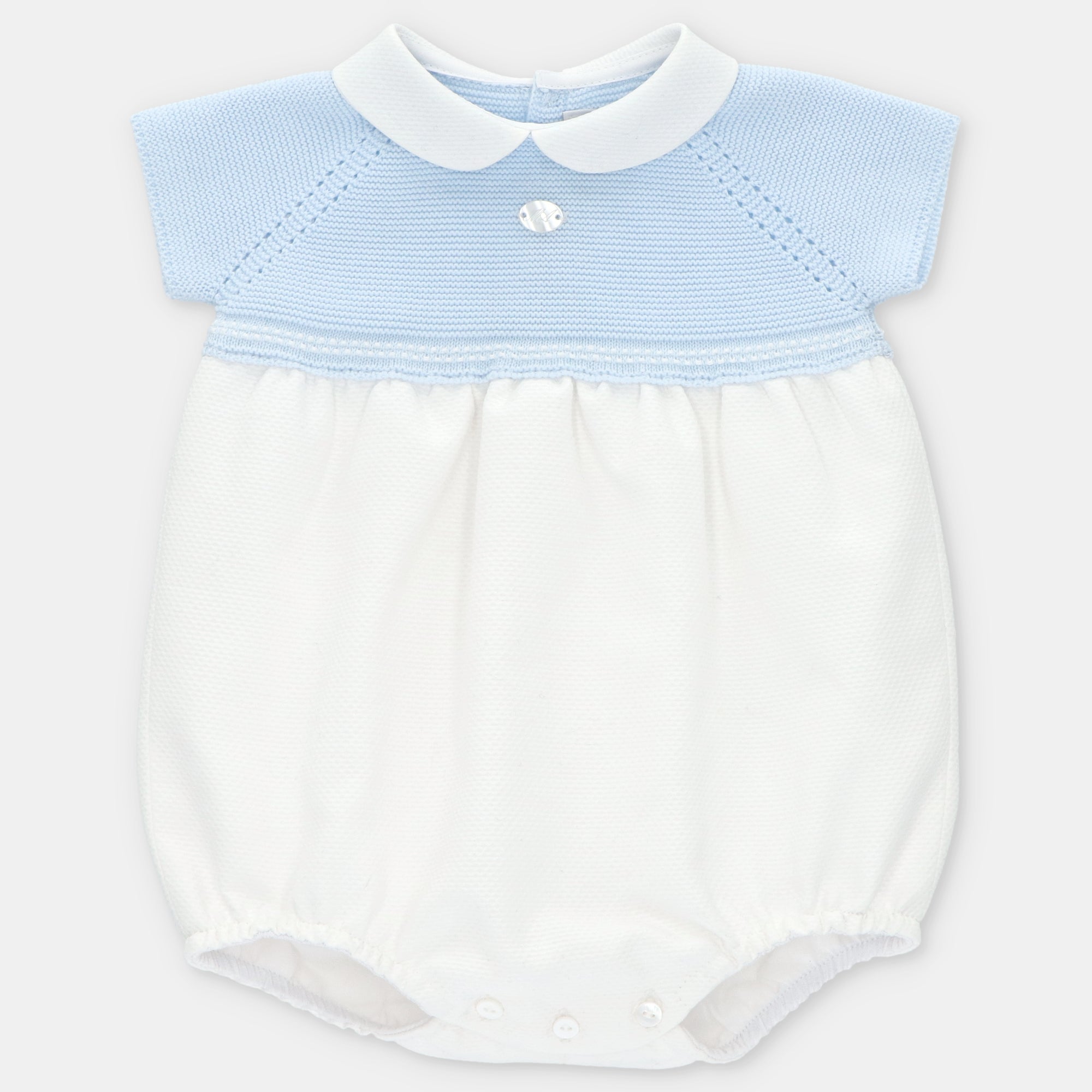 Light Blue Knit with White Pique Romper