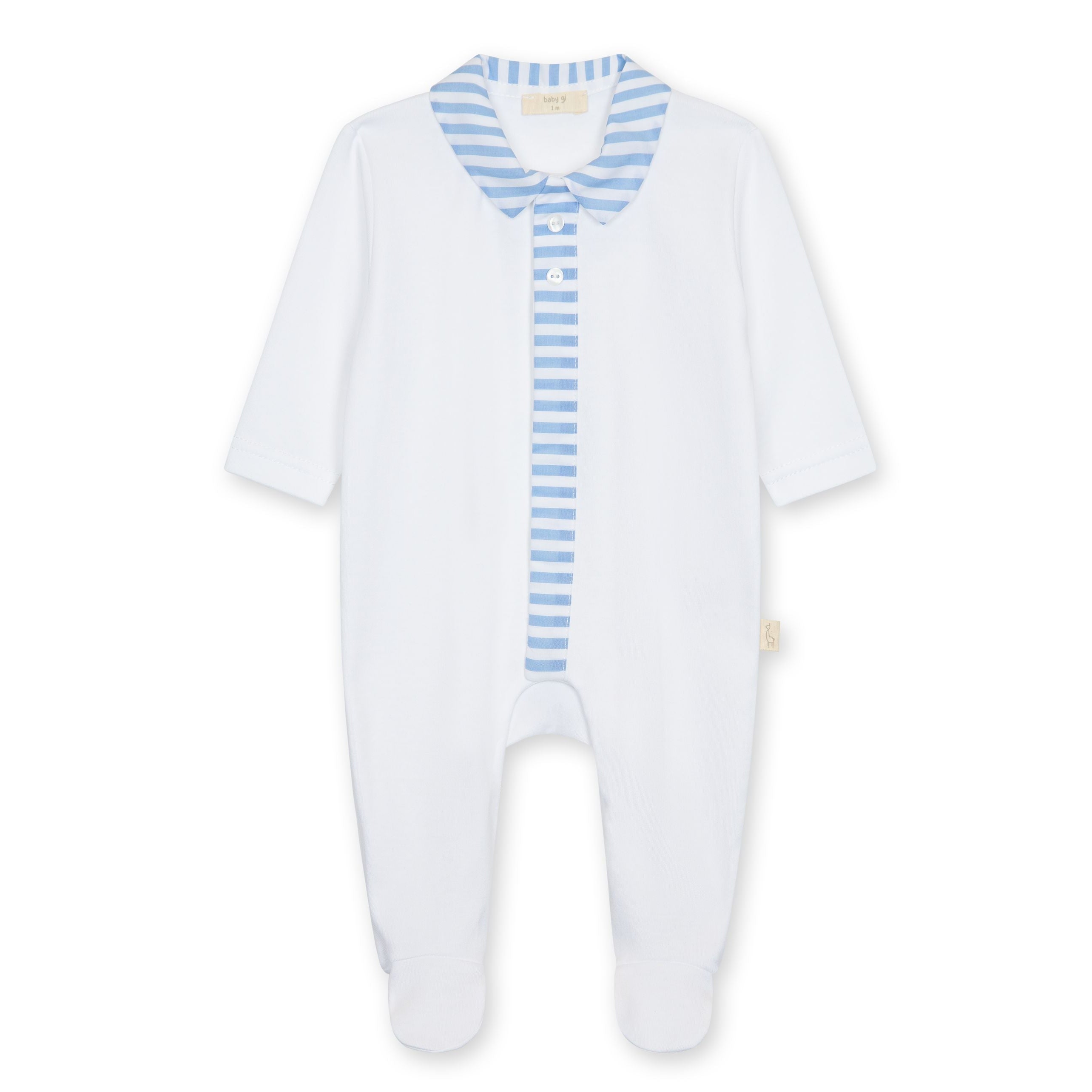 White Pima Footie Blue Gingham Collar & Placket