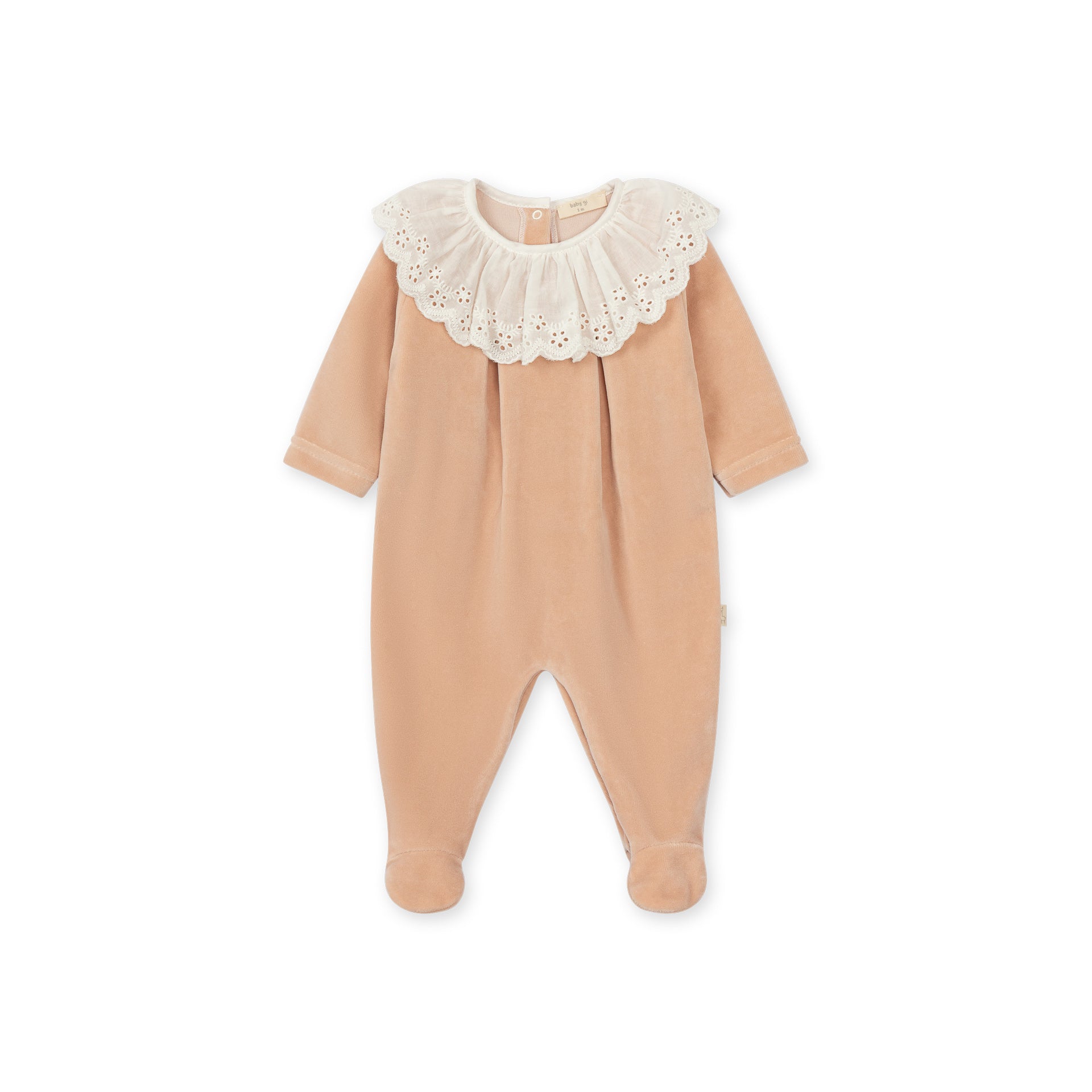 Pastel Pink Velour Footie with Broderie Anglaise