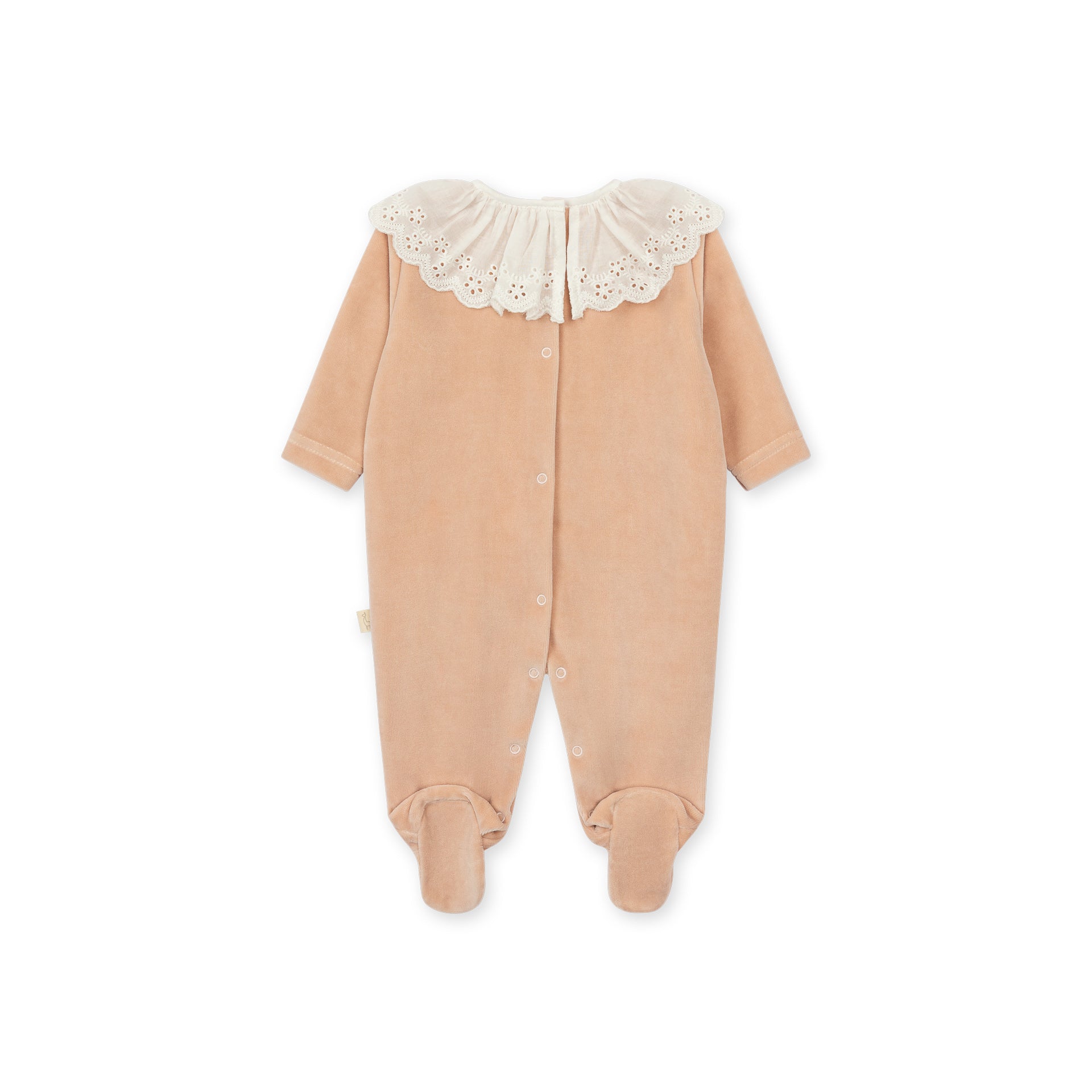 Pastel Pink Velour Footie with Broderie Anglaise