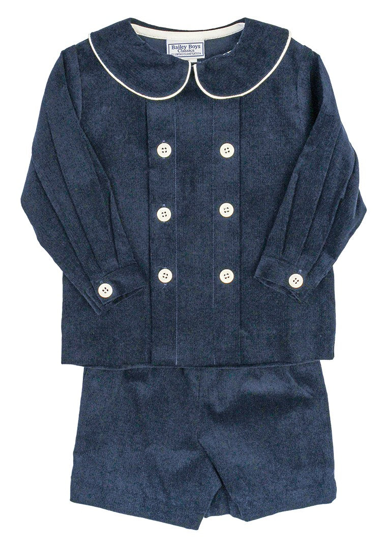 Navy Fine Corduroy Double Button Shortset