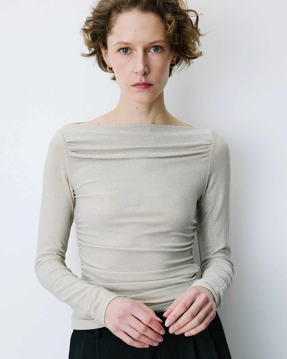 Silver Metallic Boat Neck Top