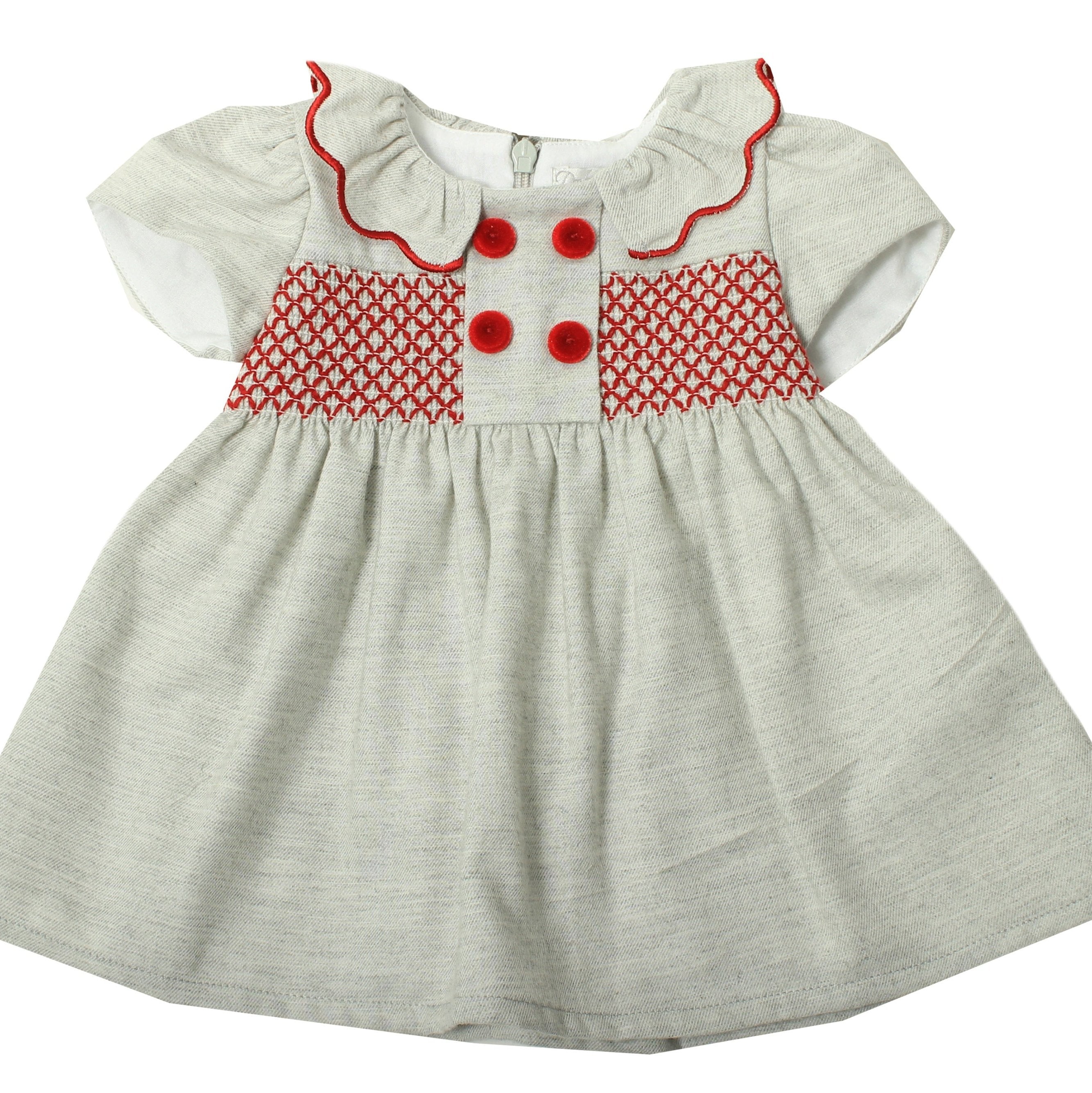 Grey Infant Dress With Red Smocking