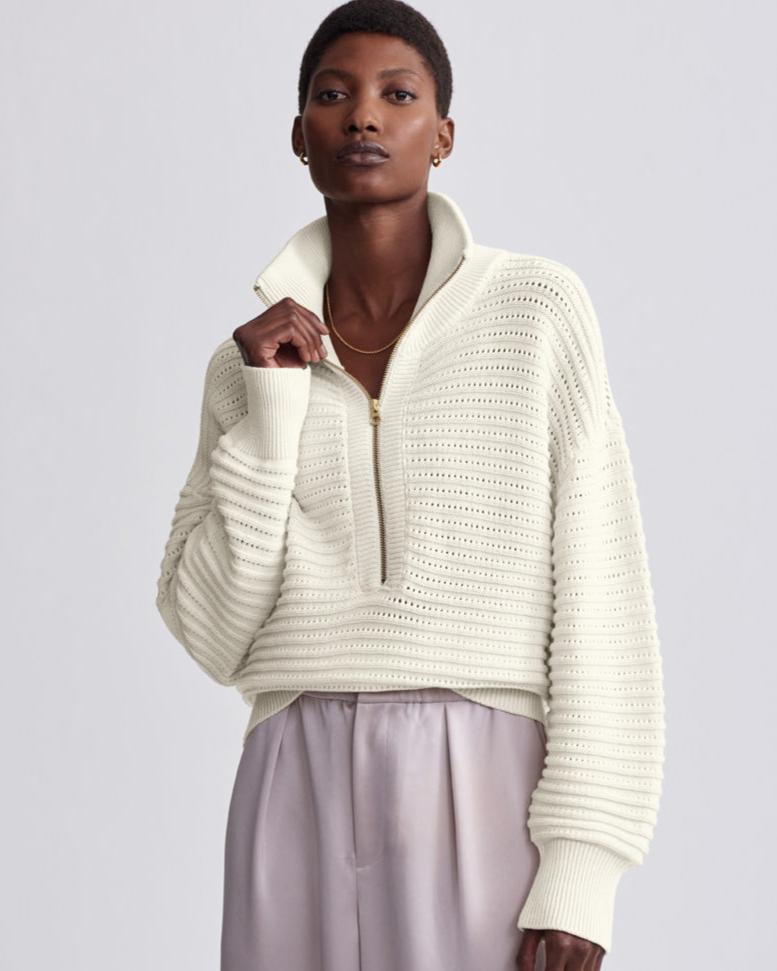 Varley Tara Cream Pointelle Half Zip Sweater