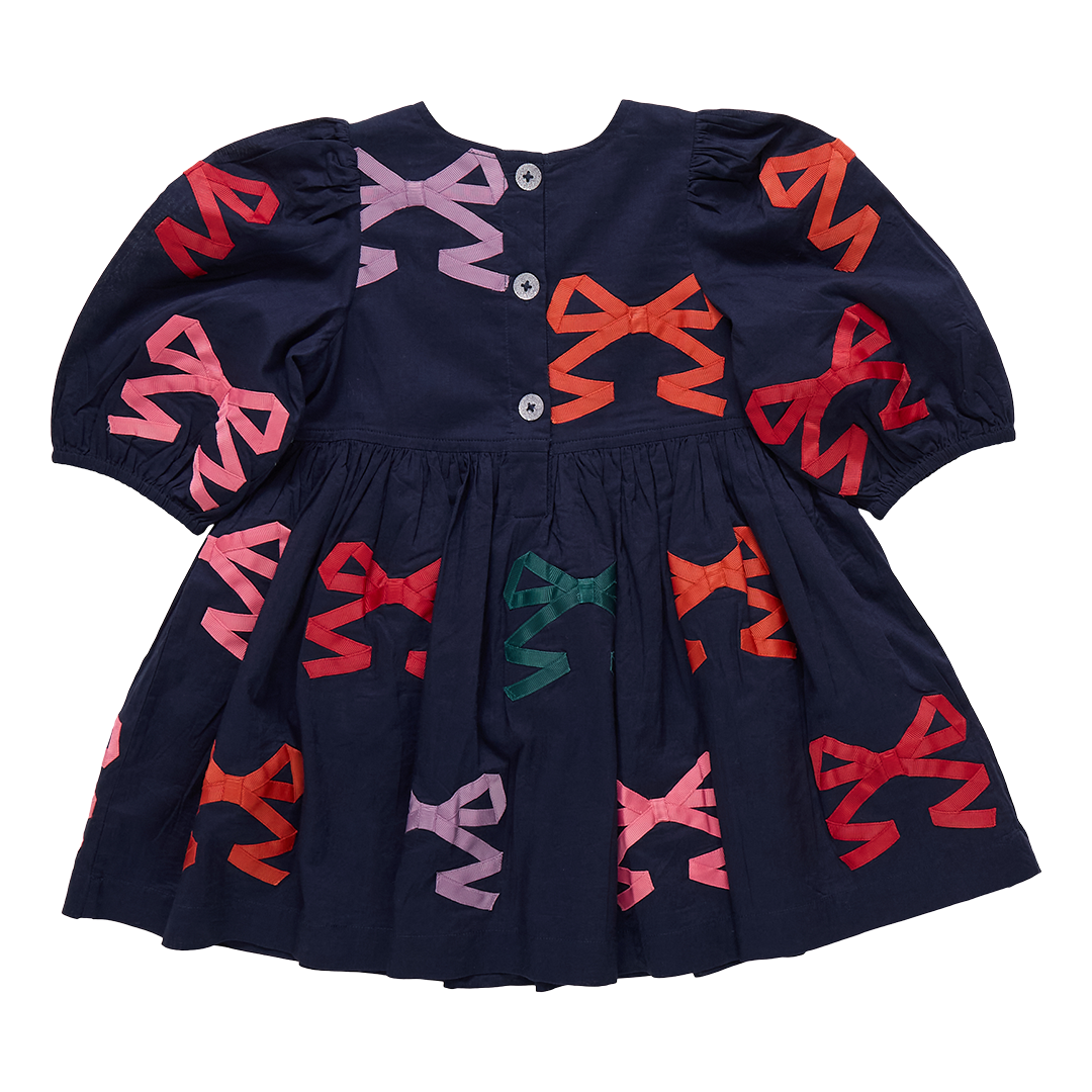 Pink Chicken Navy Dress with Embroidered Bows