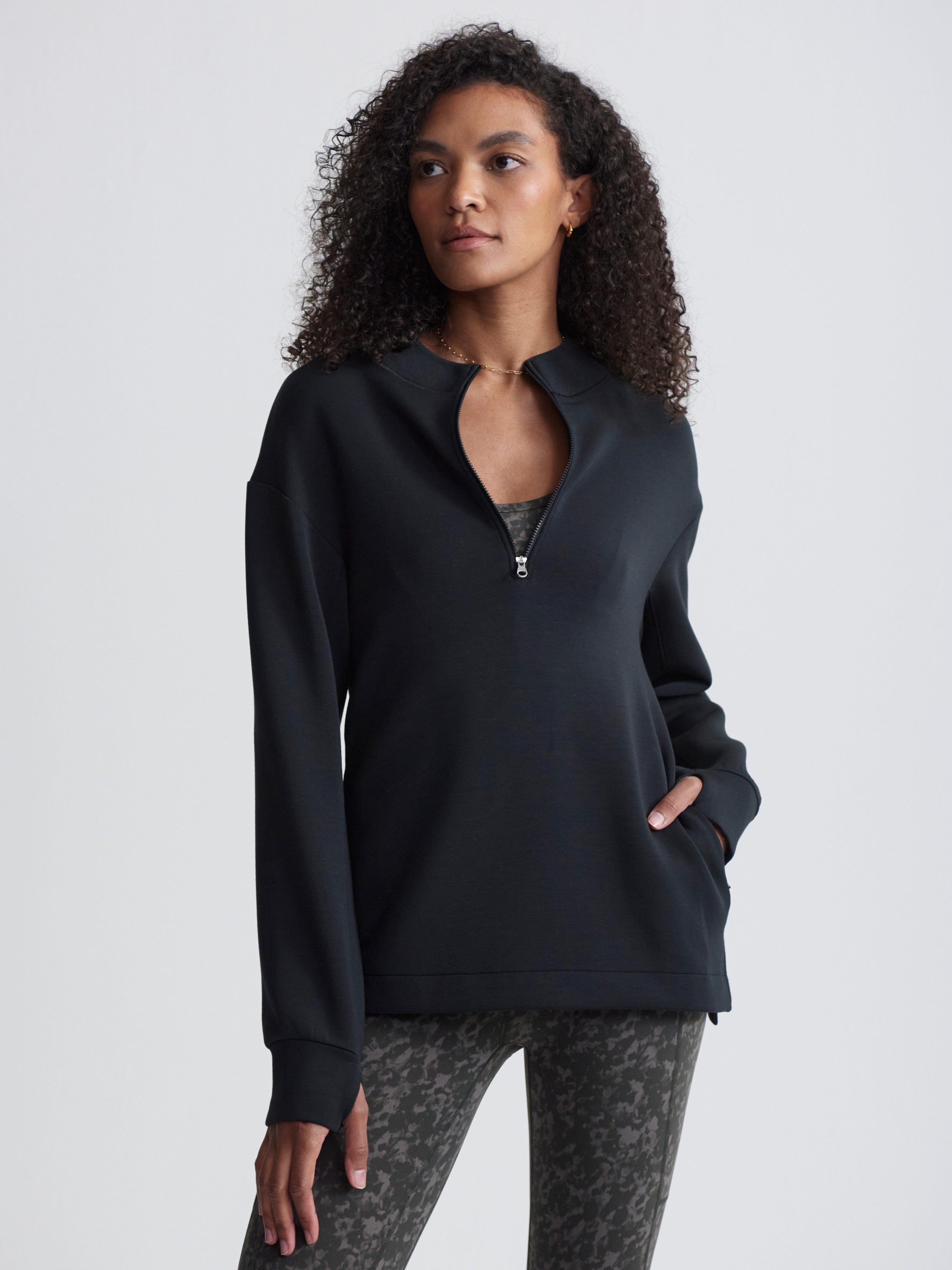 Varley Cleo Black Half Zip tunic Top