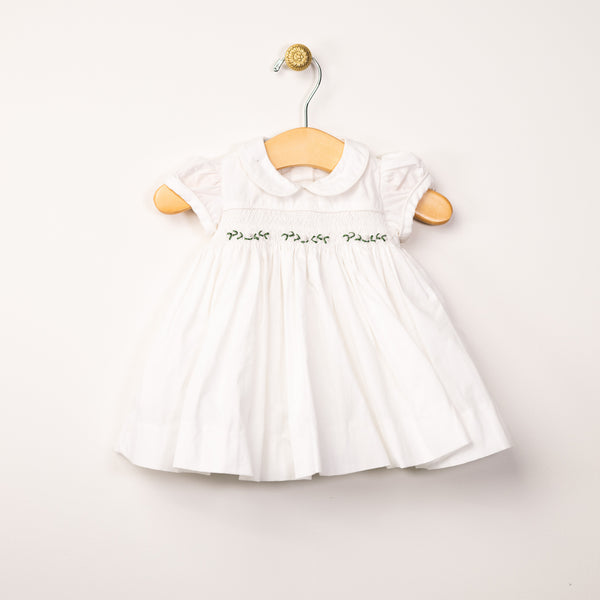 White Smocked Dress with Green leaf