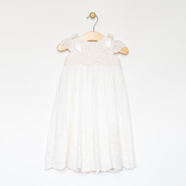 White & Beige Lace Christening Dress